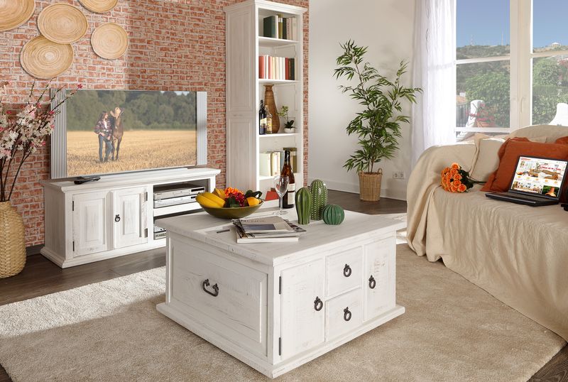 Quadratischer Landhausstil Couchtisch in Weiß/Antik mit Schubladen und Türen
