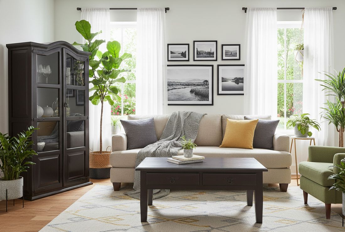 Mexico Kolonial: schwarz-braun lackierte Vitrine und Landhausstil Couchtisch mit Schubladen im hellen Wohnzimmer
